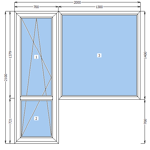 Балконний блок WDS 5S з глухим вікном і поворотно-відкидними дверима 2100х2000 мм